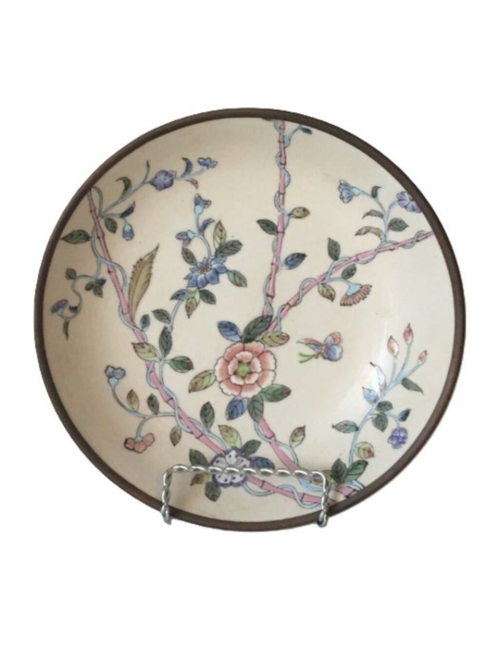 Vintage Pottery Bowl Macau Hand Painted Enamel Bamboo Pattern 7.5" x 1.5"
